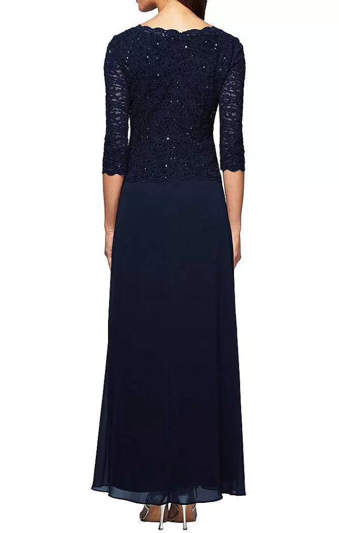 Online Alex Evenings Long Gown With Sequin Lace Bodice & Chiffon Skirt Navy | Deep Plum | Peacock | Taupe