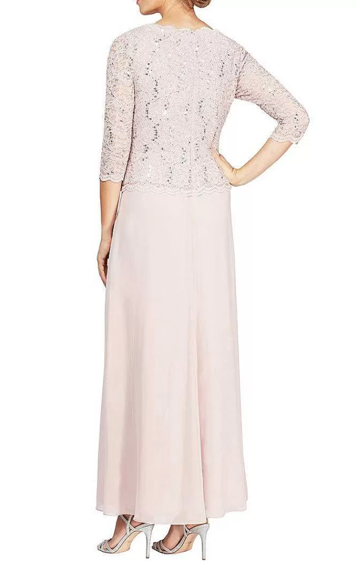 Online Alex Evenings Long Gown With Sequin Lace Bodice & Chiffon Skirt Shell Pink | Taupe | Skyblue