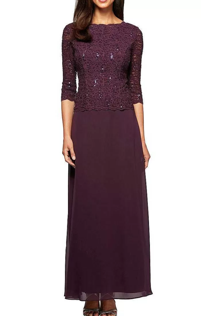 Online Alex Evenings Long Gown With Sequin Lace Bodice & Chiffon Skirt Navy | Deep Plum | Peacock | Taupe