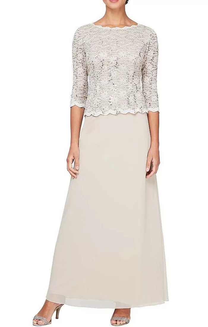 Sale Alex Evenings Long Gown With Sequin Lace Bodice & Chiffon Skirt Shell Pink | Taupe | Skyblue