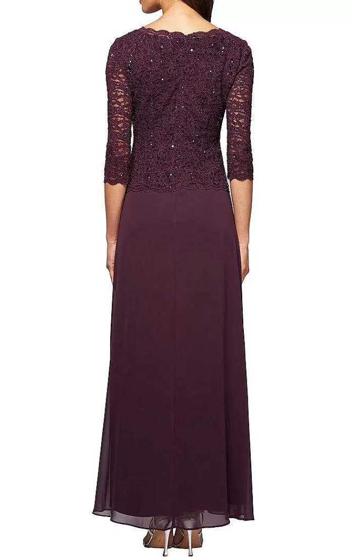 Best Alex Evenings Long Gown With Sequin Lace Bodice & Chiffon Skirt Navy | Deep Plum | Peacock | Taupe