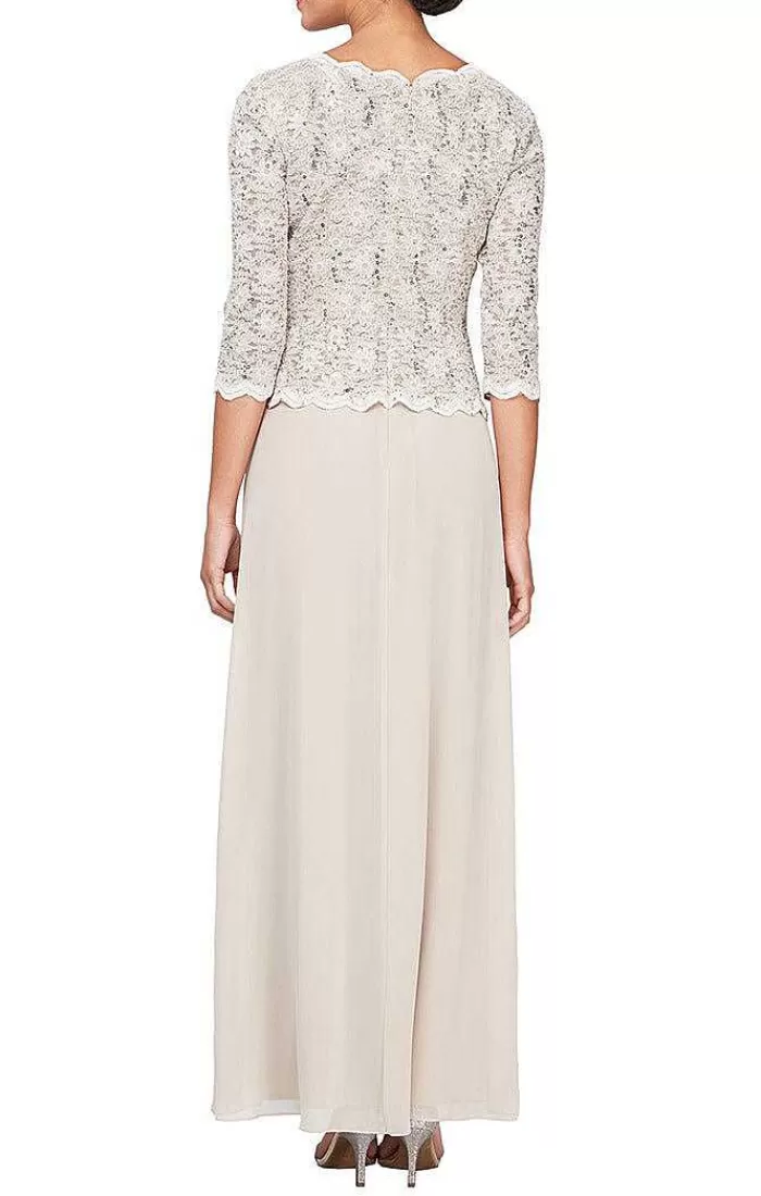 Sale Alex Evenings Long Gown With Sequin Lace Bodice & Chiffon Skirt Shell Pink | Taupe | Skyblue