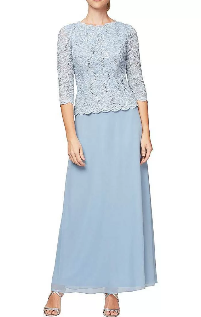 Outlet Alex Evenings Long Gown With Sequin Lace Bodice & Chiffon Skirt Shell Pink | Taupe | Skyblue