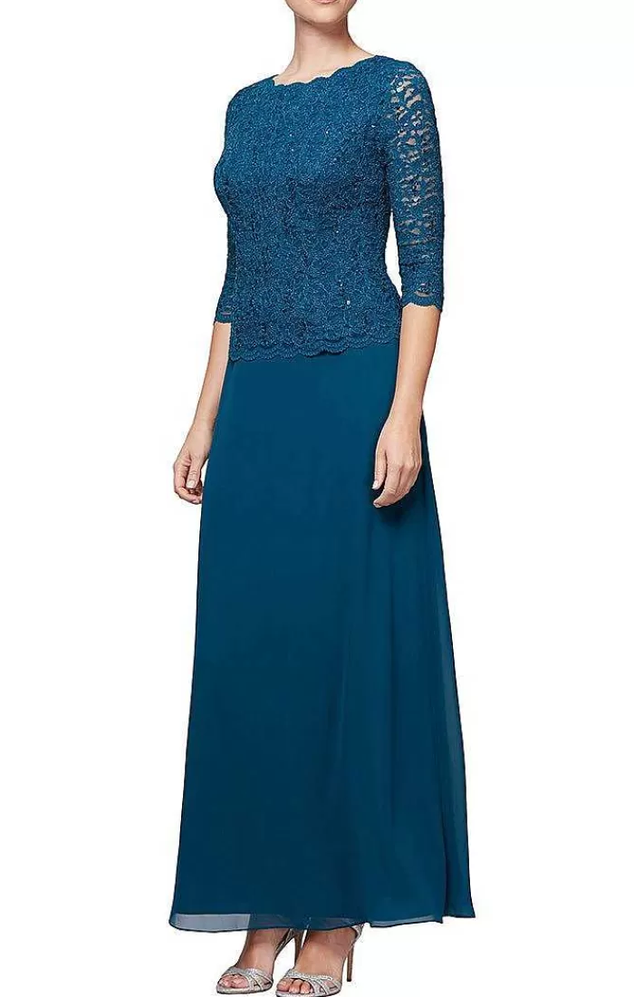 Best Alex Evenings Long Gown With Sequin Lace Bodice & Chiffon Skirt Navy | Deep Plum | Peacock | Taupe