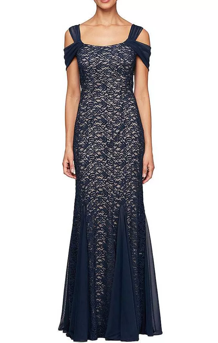 Cheap Alex Evenings Long Lace Fit & Flare Cold Shoulder Dress Navy Nude