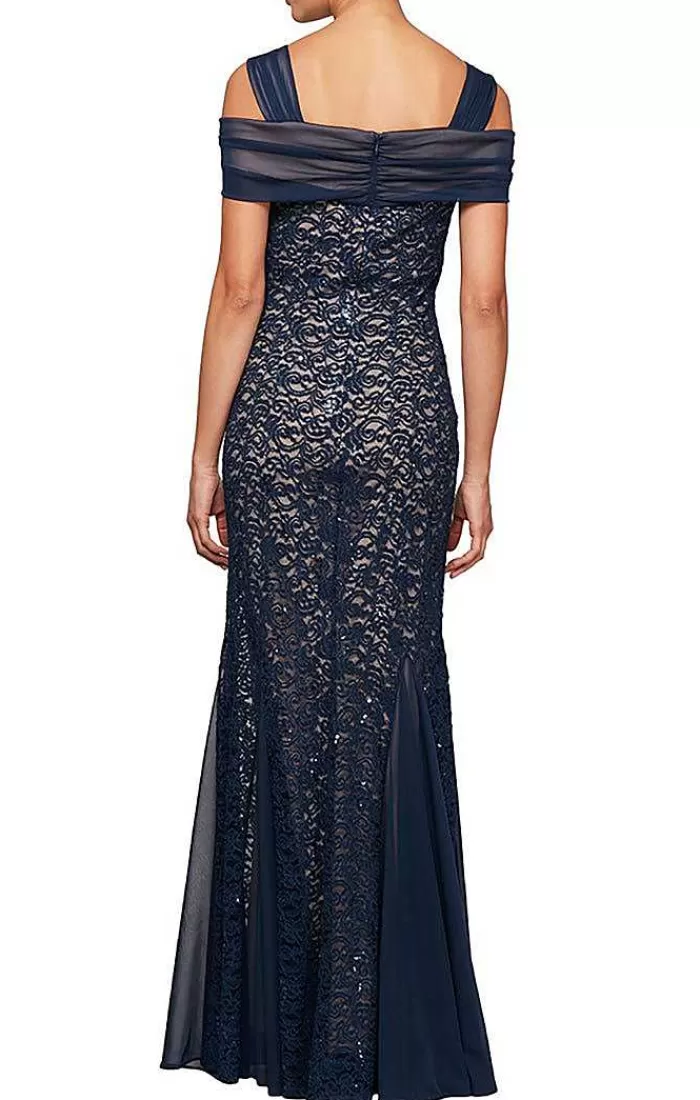 Sale Alex Evenings Long Lace Fit & Flare Cold Shoulder Dress Navy Nude