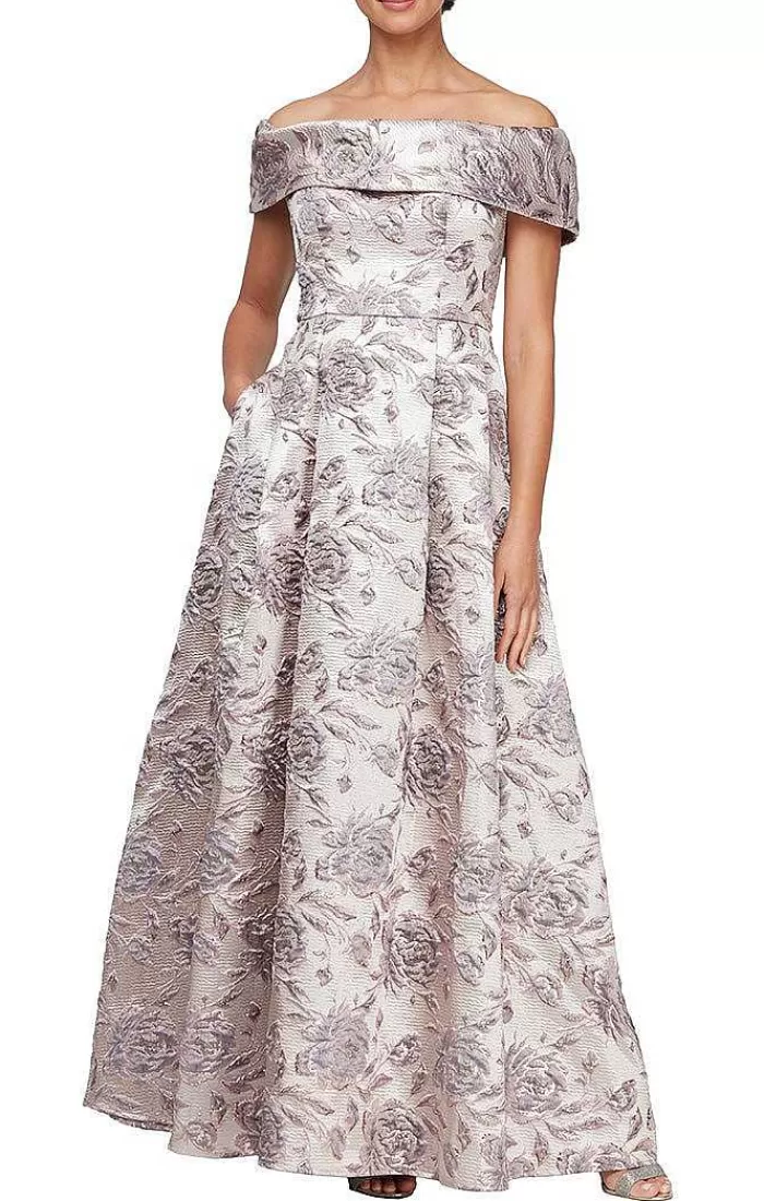 Cheap Alex Evenings Long Printed Off-The-Shoulder Metallic Brocade Ballgown With Pockets Mauve