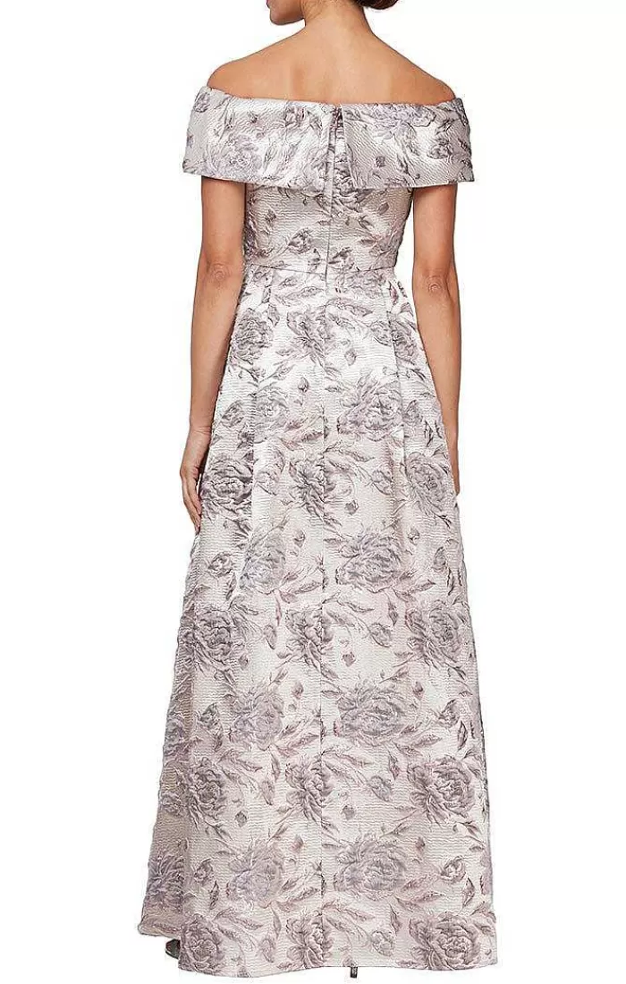 Clearance Alex Evenings Long Printed Off-The-Shoulder Metallic Brocade Ballgown With Pockets Mauve