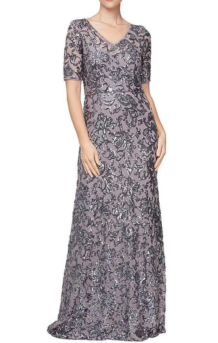 Online Alex Evenings Long Sequin V-Neck Dress With Short Sleeves Icy Orchid