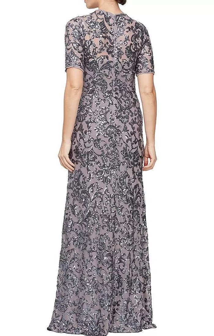 Online Alex Evenings Long Sequin V-Neck Dress With Short Sleeves Icy Orchid