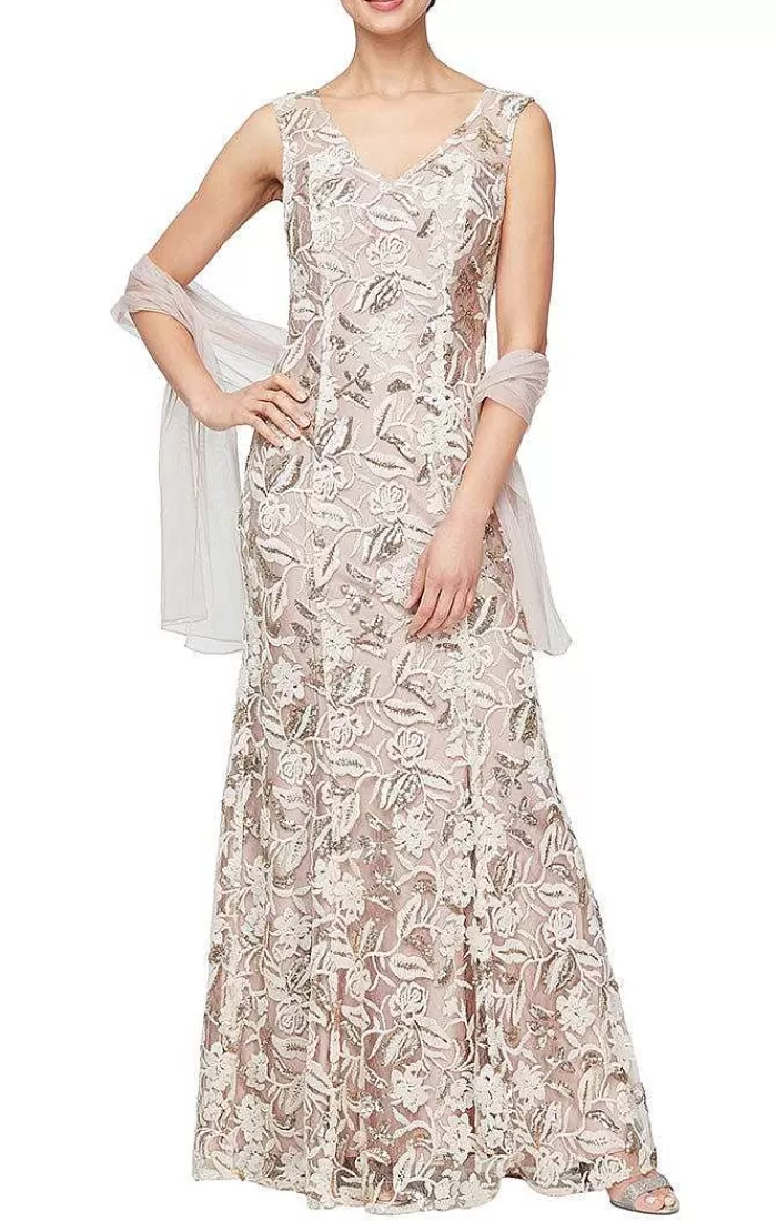 Cheap Alex Evenings Long Sleeveless Embroidered Dress With V-Neckline, Sequin Detail & Shawl Champagne