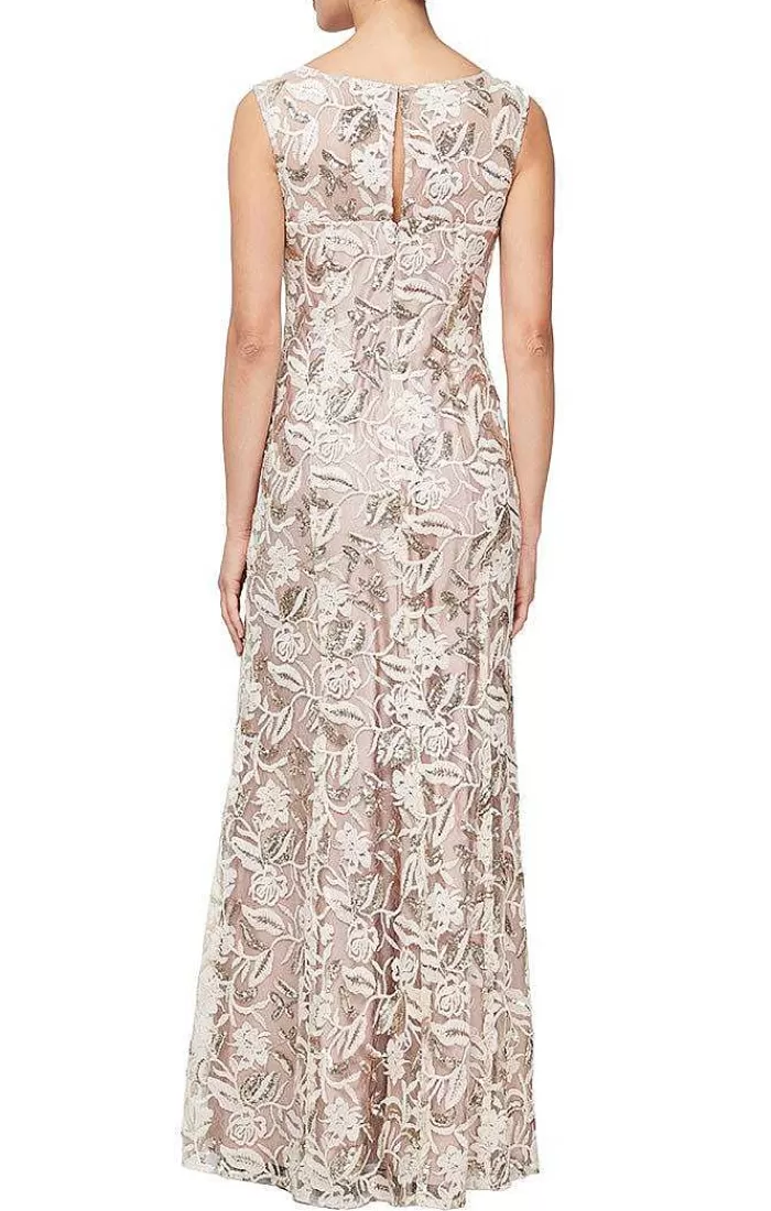 Fashion Alex Evenings Long Sleeveless Embroidered Dress With V-Neckline, Sequin Detail & Shawl Champagne