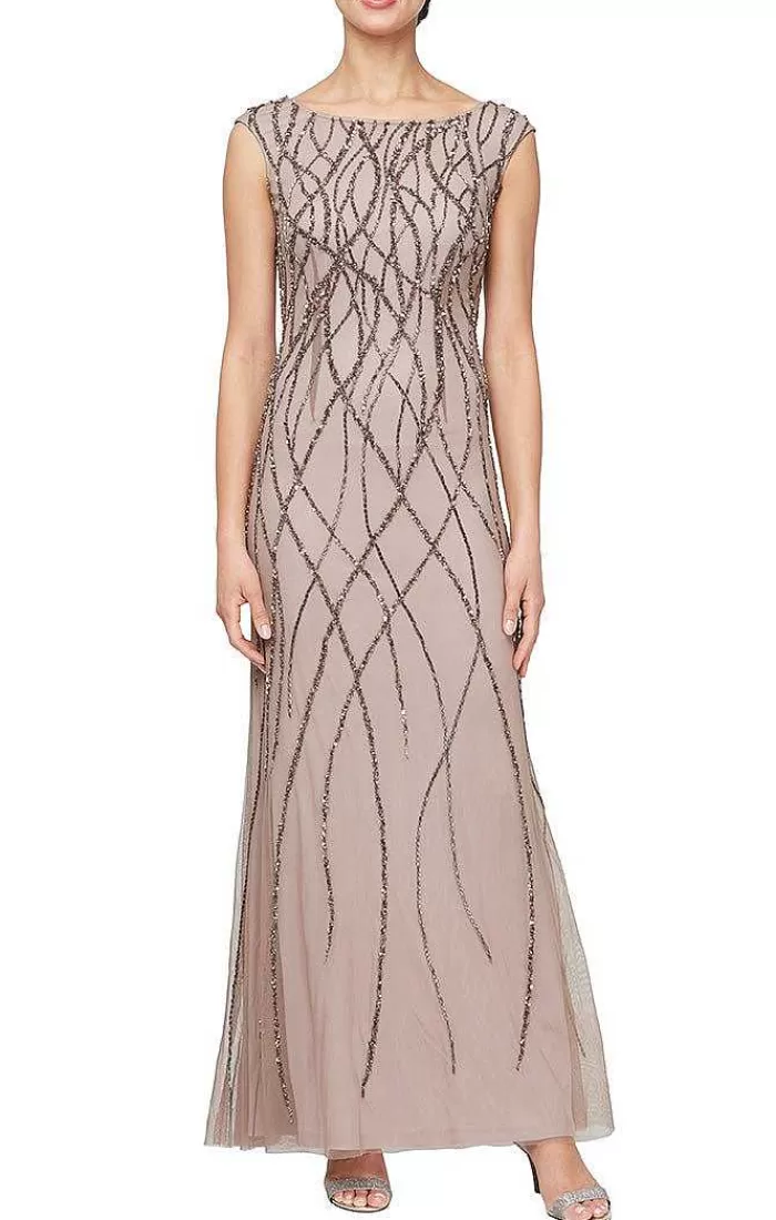 Best Sale Alex Evenings Long Sleeveless Hand-Beaded Gown Taupe