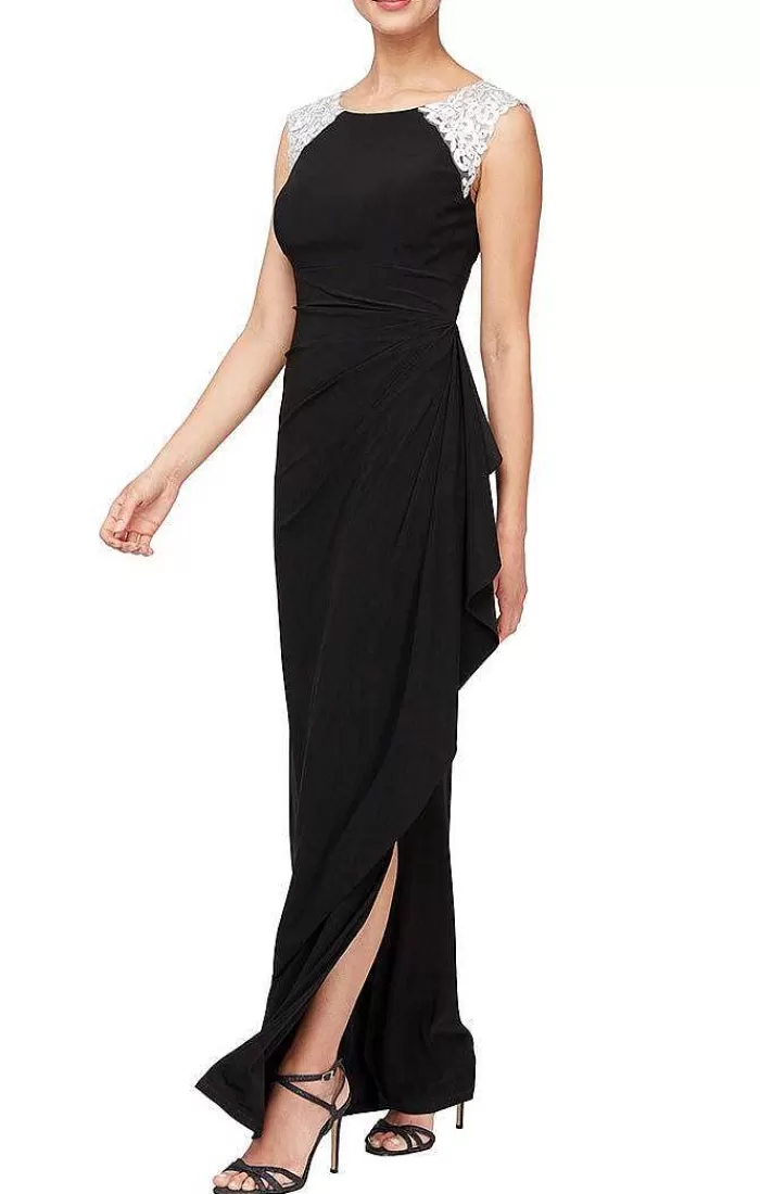 Sale Alex Evenings Long Sleeveless Matte Jersey Dress With Embroidered Shoulder Detail Black White