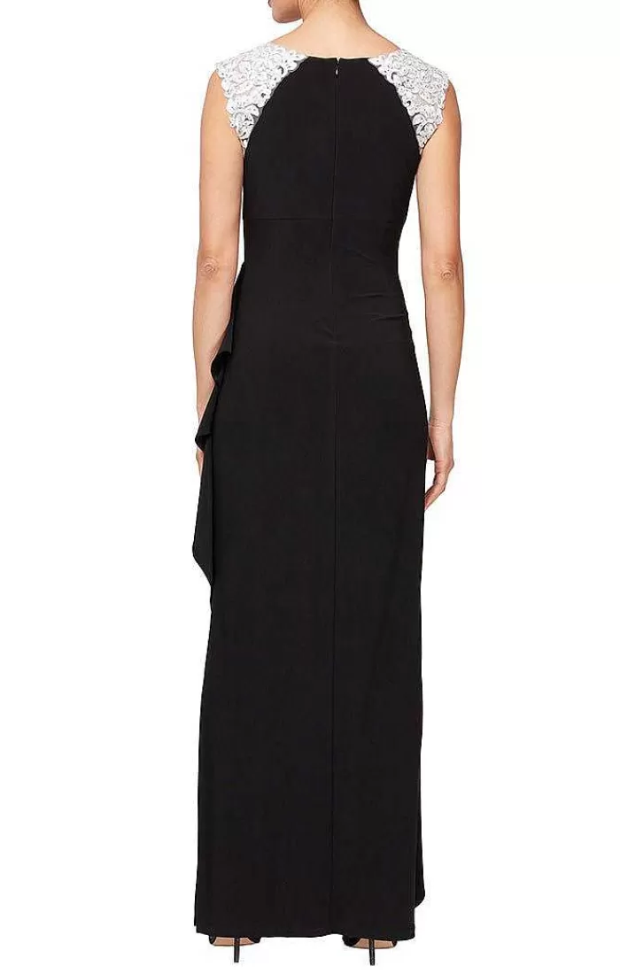 Sale Alex Evenings Long Sleeveless Matte Jersey Dress With Embroidered Shoulder Detail Black White