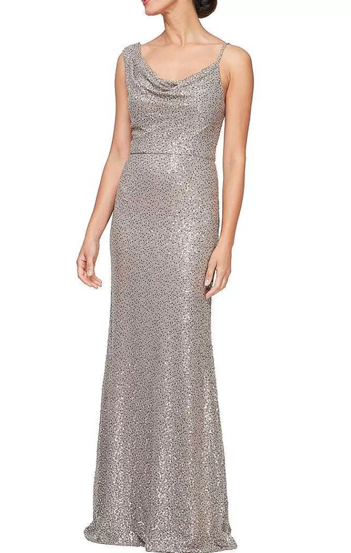 Outlet Alex Evenings Long Sleeveless Sequin Gown With Cowl Neckline & Spaghetti Straps Mink