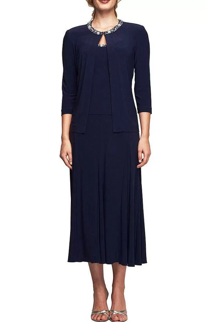 Store Alex Evenings Matte Jersey Jacket Dress With Sequin Beaded Trim Navy