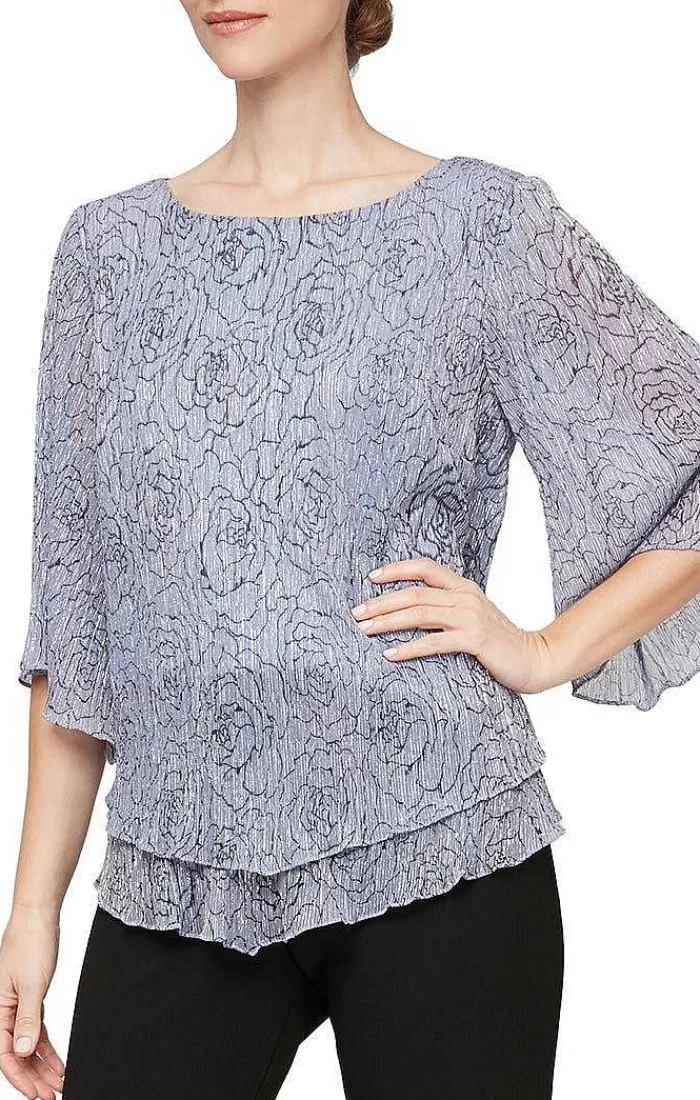 Fashion Alex Evenings Metallic Knit Blouse With Pointed Double Tier Hem Lavender