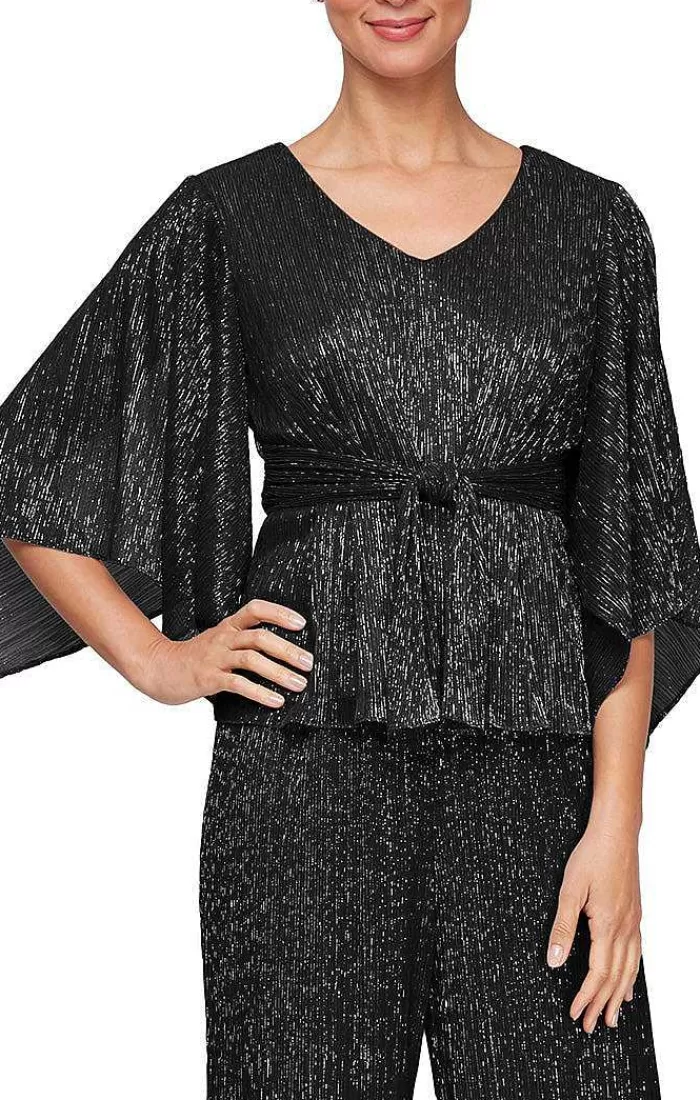 Online Alex Evenings Metallic Knit Blouse With Tie Waist Detail Black | Platinum