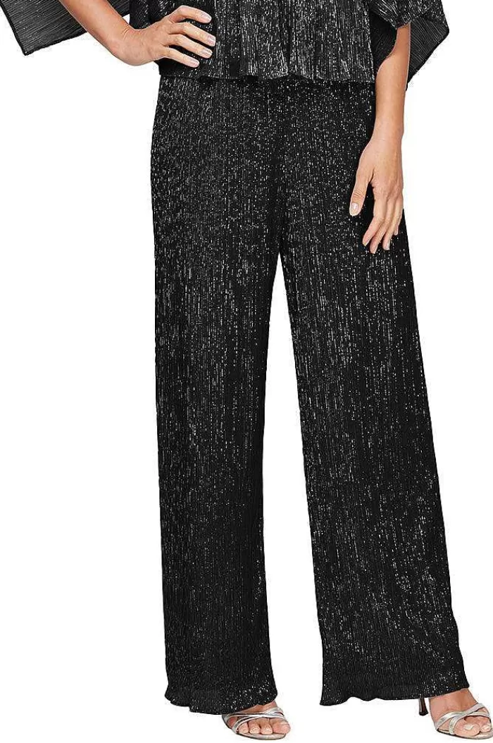 Sale Alex Evenings Metallic Knit Straight Leg Pant Black | Platinum