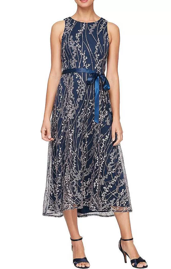 Discount Alex Evenings Midi Length Embroidered Sleeveless Dress With Tie Belt Navy/Pink