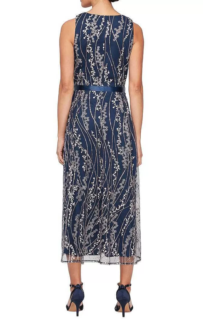 Discount Alex Evenings Midi Length Embroidered Sleeveless Dress With Tie Belt Navy/Pink