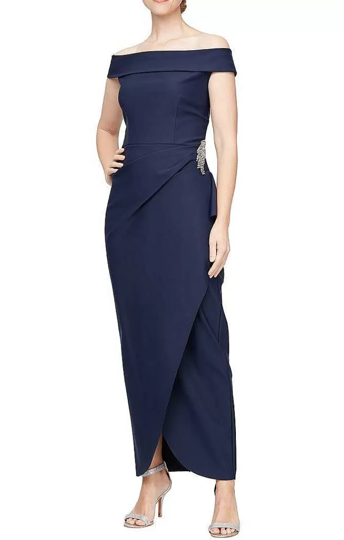 Clearance Alex Evenings Off-The-Shoulder Compression Dress With Cascade Ruffle Skirt & Embellishment Black | Navy | Light Blue