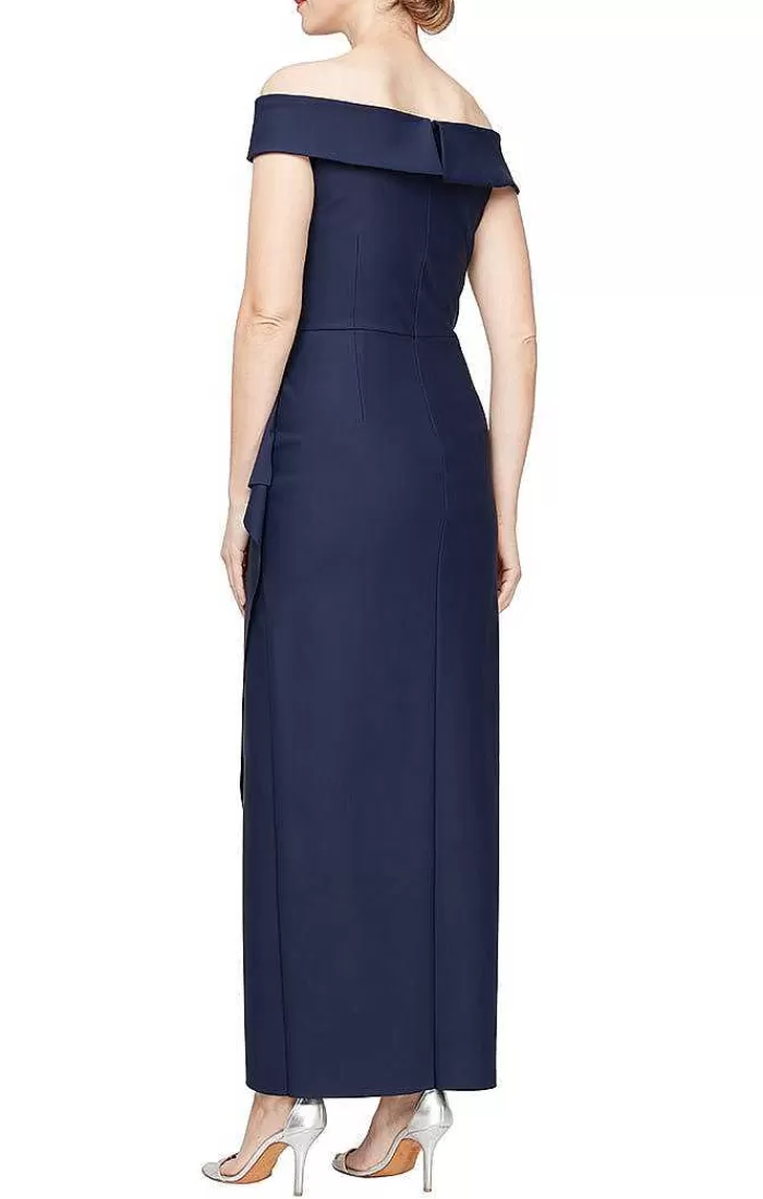 New Alex Evenings Off-The-Shoulder Compression Dress With Cascade Ruffle Skirt & Embellishment Black | Navy | Light Blue