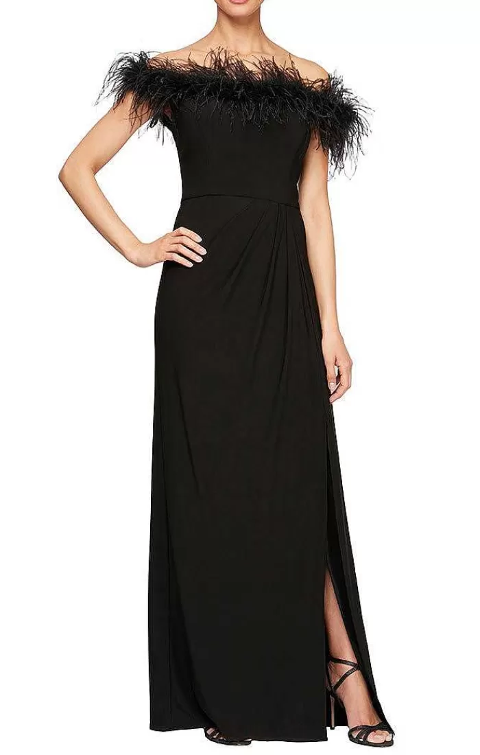 Shop Alex Evenings Off-The-Shoulder Matte Jersey Gown With Maribou Neckline Black