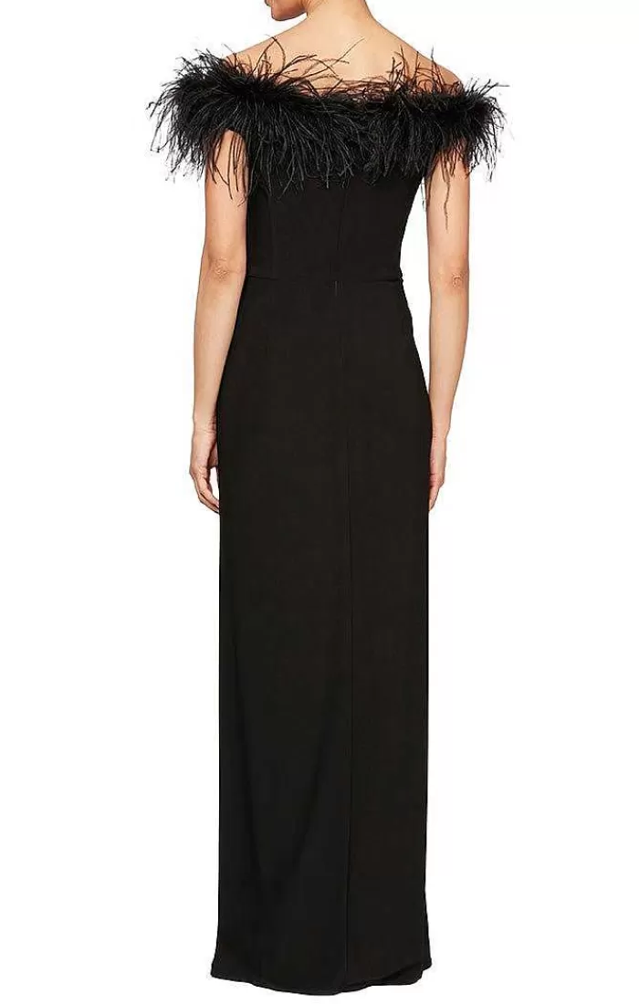 Shop Alex Evenings Off-The-Shoulder Matte Jersey Gown With Maribou Neckline Black