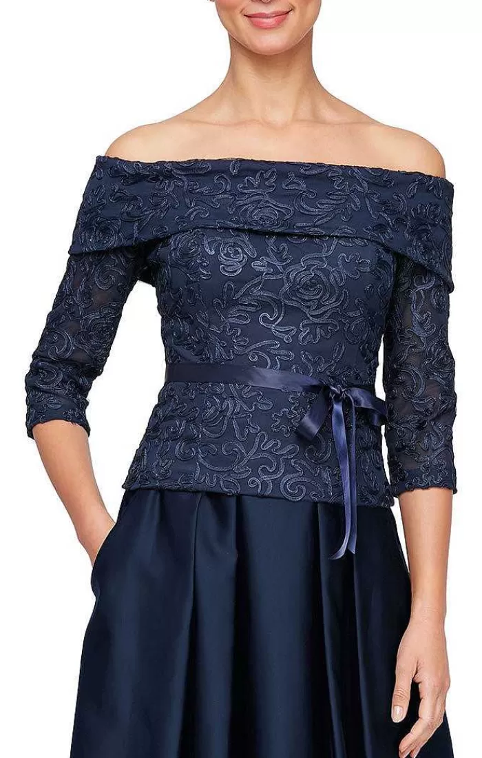 Sale Alex Evenings Off-The-Shoulder Soutache Blouse With Tie Belt And Illusion Sleeves Dark Navy