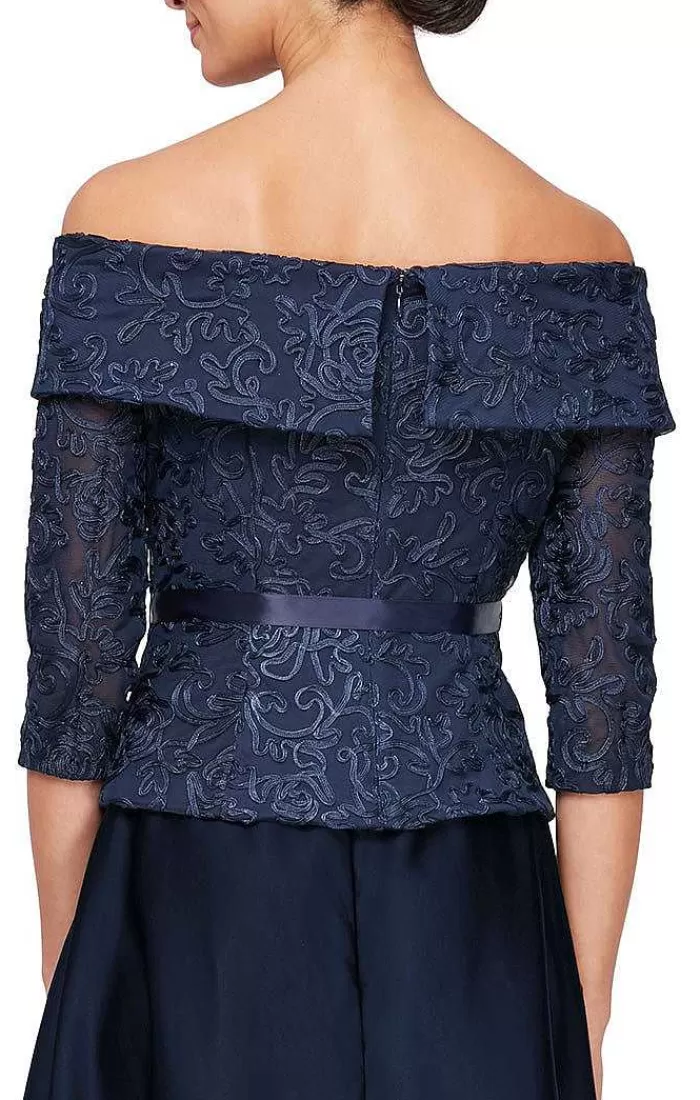 Sale Alex Evenings Off-The-Shoulder Soutache Blouse With Tie Belt And Illusion Sleeves Dark Navy