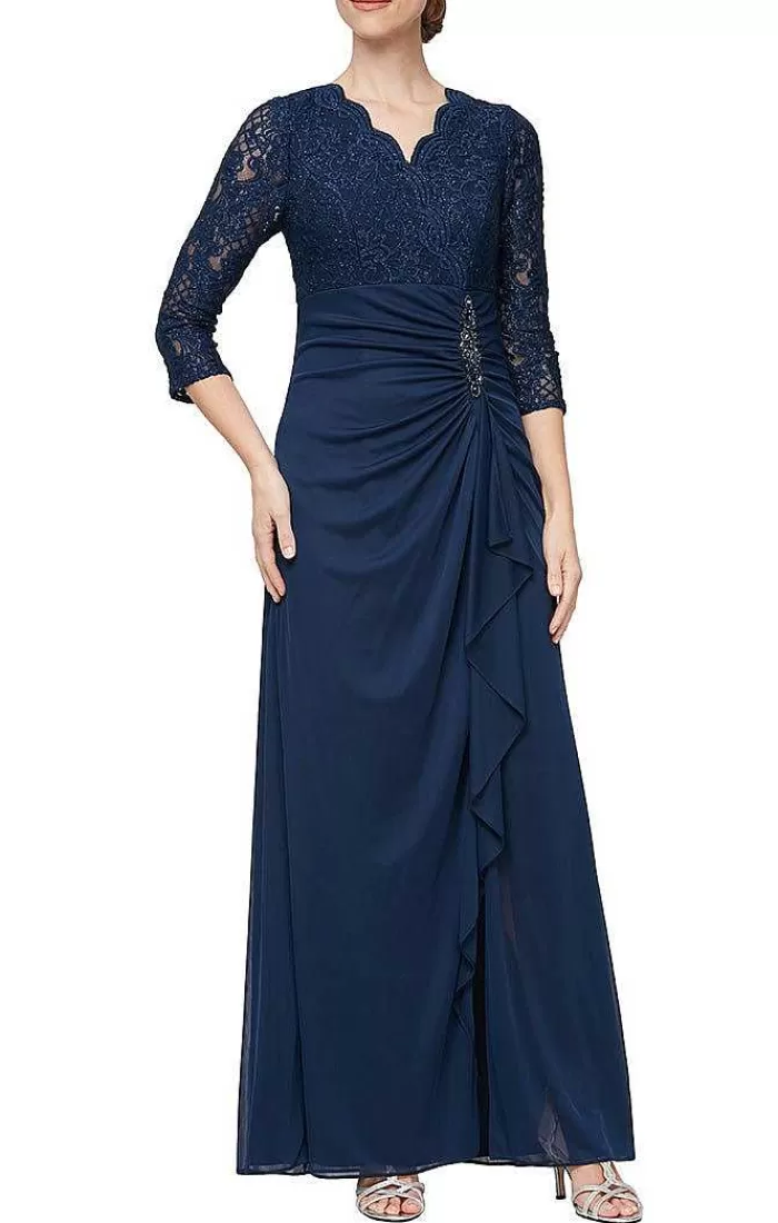 Best Sale Alex Evenings Petite A-Line Empire Waist Lace & Mesh Dress Navy | Eggplant