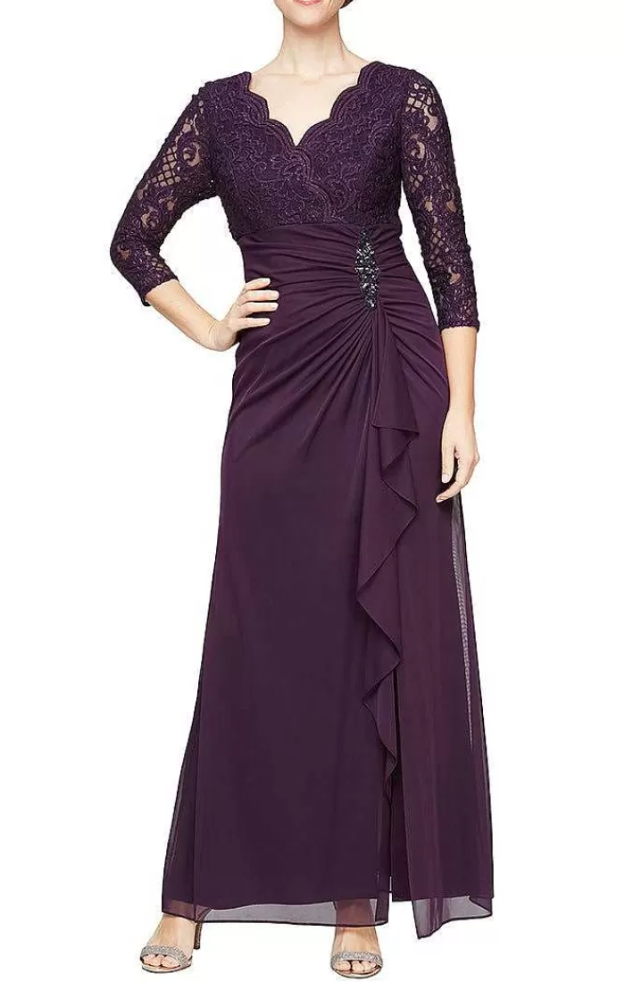 New Alex Evenings Petite A-Line Empire Waist Lace & Mesh Dress Navy | Eggplant