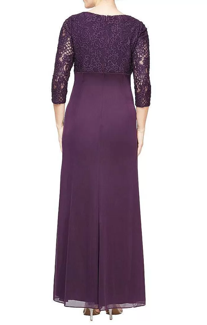 New Alex Evenings Petite A-Line Empire Waist Lace & Mesh Dress Navy | Eggplant