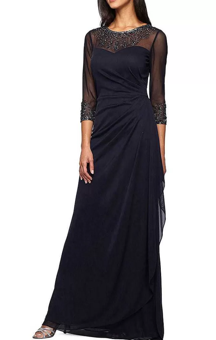 Cheap Alex Evenings Petite A-Line Mesh Gown With Beaded Illusion Sweetheart Neckline Dark Navy | Violet