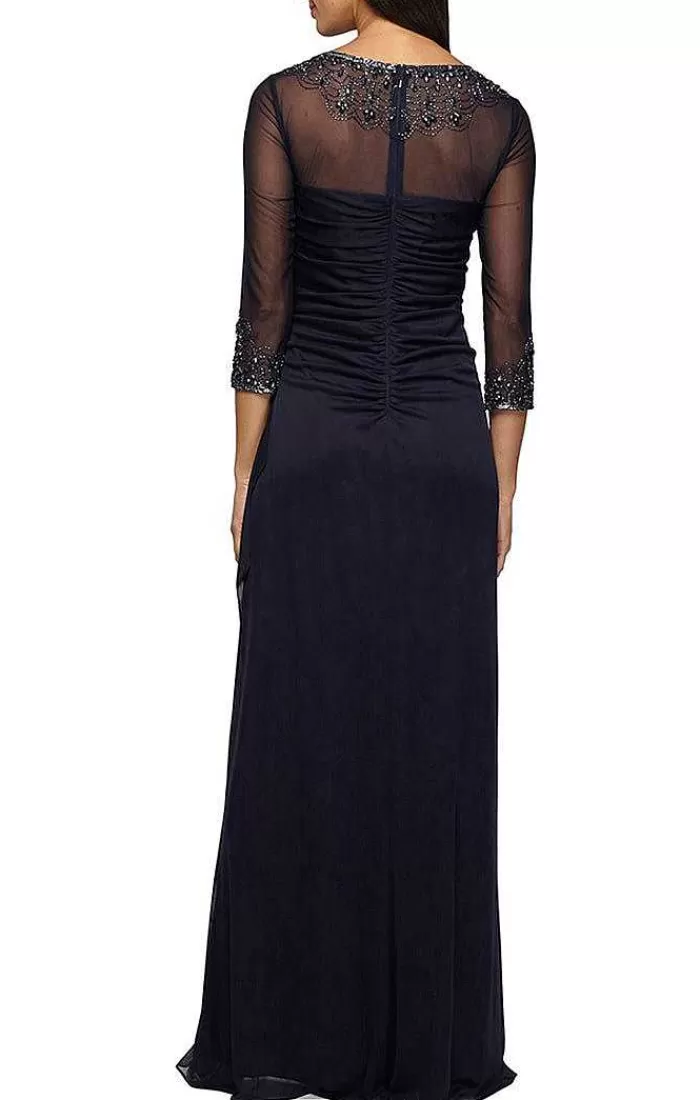 Cheap Alex Evenings Petite A-Line Mesh Gown With Beaded Illusion Sweetheart Neckline Dark Navy | Violet