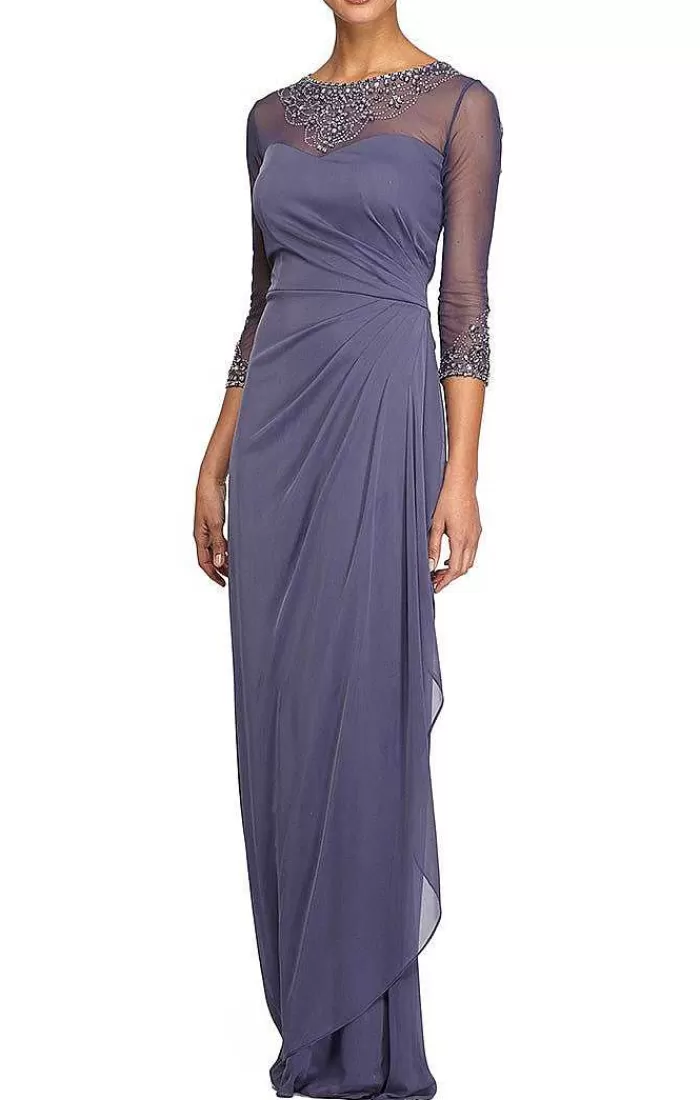 Cheap Alex Evenings Petite A-Line Mesh Gown With Beaded Illusion Sweetheart Neckline Dark Navy | Violet