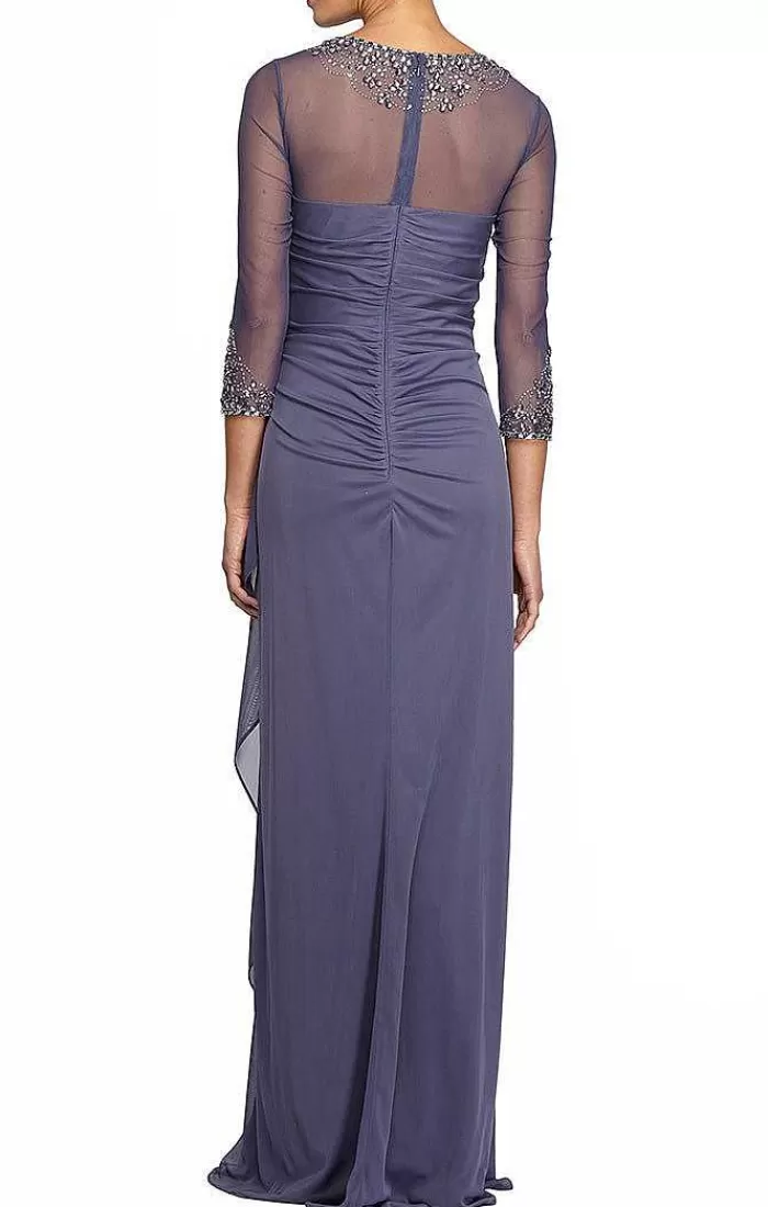 Cheap Alex Evenings Petite A-Line Mesh Gown With Beaded Illusion Sweetheart Neckline Dark Navy | Violet