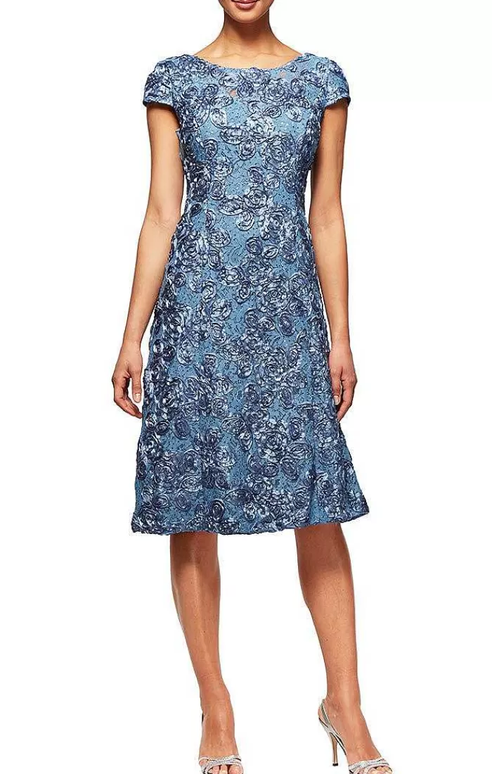 Shop Alex Evenings Petite Cocktail Dress In Rosette Lace With Cap Sleeves Periwinkle | Navy | Champagne