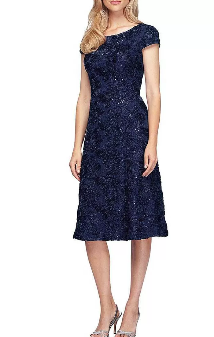 Best Alex Evenings Petite Cocktail Dress In Rosette Lace With Cap Sleeves Periwinkle | Navy | Champagne