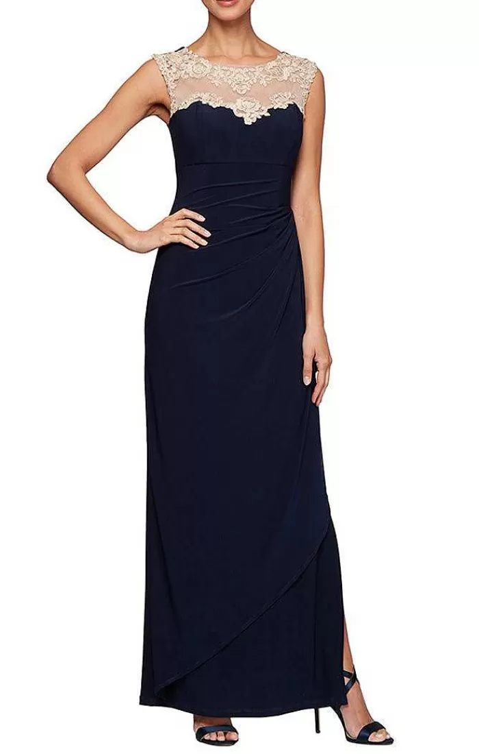 Fashion Alex Evenings Petite Crepe Dress With Sweetheart Embroidered Lace Neckline Navy Nude