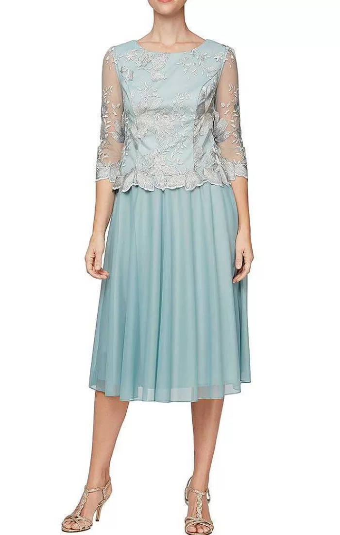 Clearance Alex Evenings Petite Embroidered Tulle Dress With Illusion Sleeves & Scallop Trim Taupe | Ice Sage