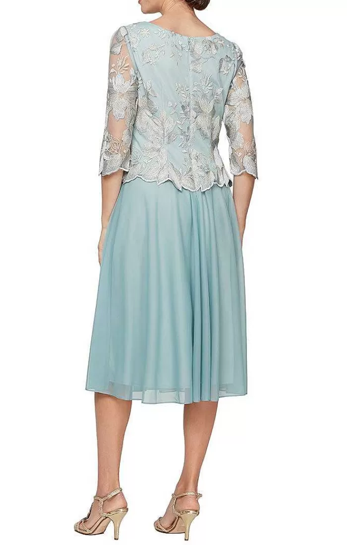 Clearance Alex Evenings Petite Embroidered Tulle Dress With Illusion Sleeves & Scallop Trim Taupe | Ice Sage