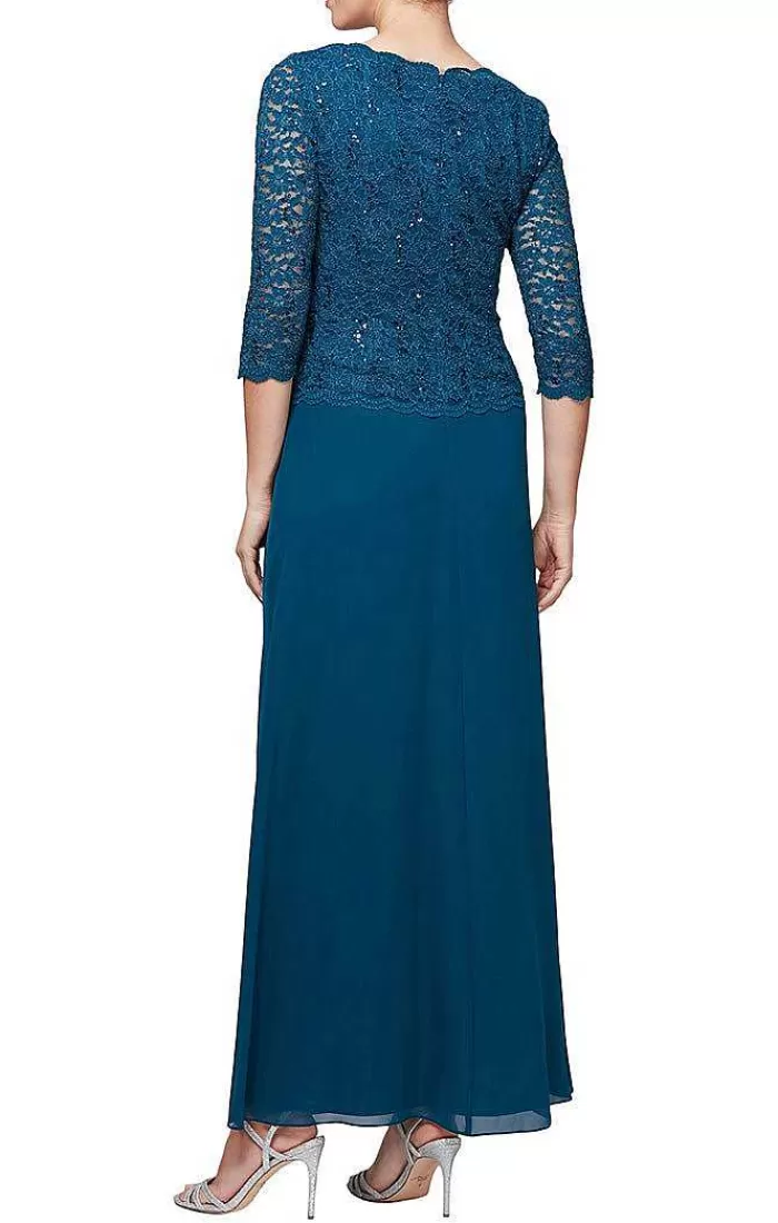 Best Alex Evenings Petite Long Gown With Sequin Lace Bodice & Chiffon Skirt Navy | Deep Plum | Peacock | Taupe