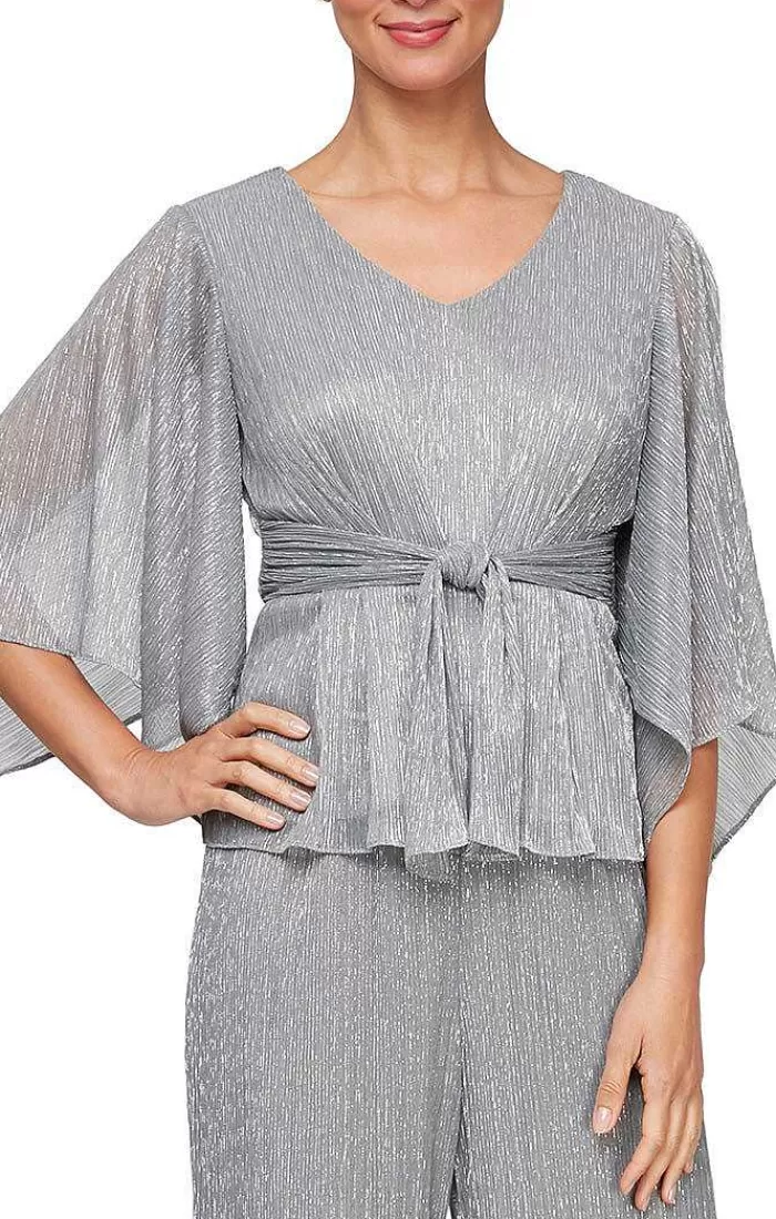 Flash Sale Alex Evenings Petite Metallic Knit Blouse With Tie Waist Detail Platinum