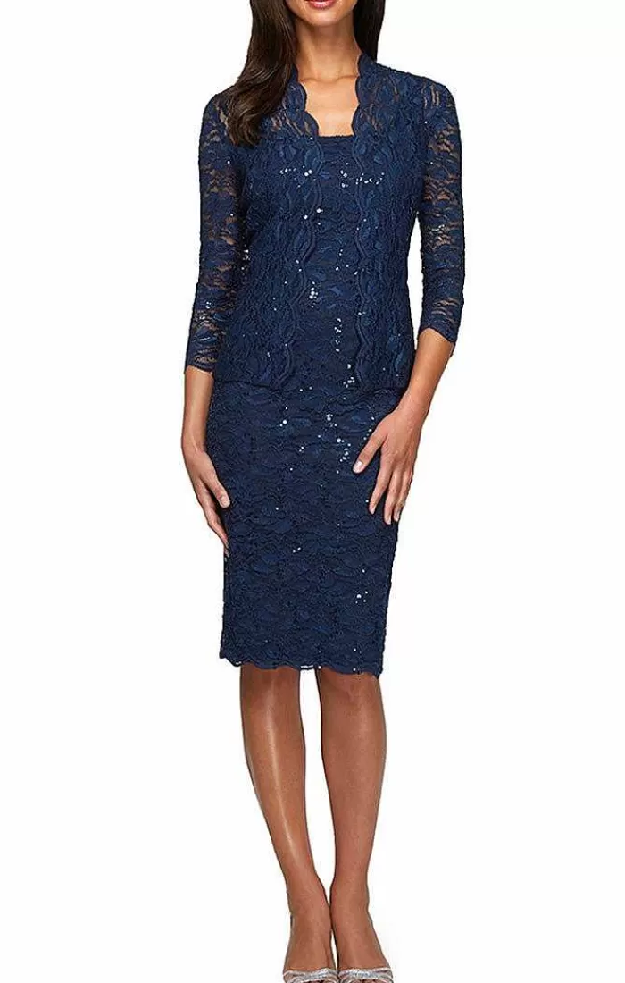 Store Alex Evenings Petite Sheath Lace Jacket Dress Navy | Eggplant