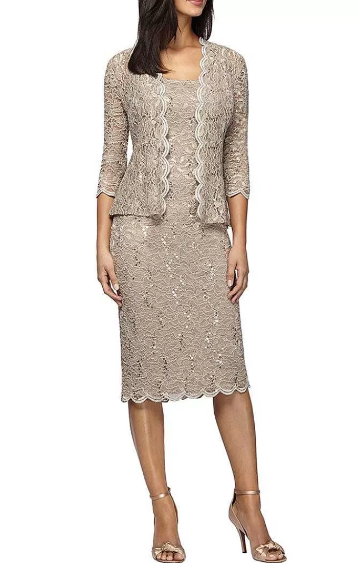 New Alex Evenings Petite Sheath Lace Jacket Dress Champagne