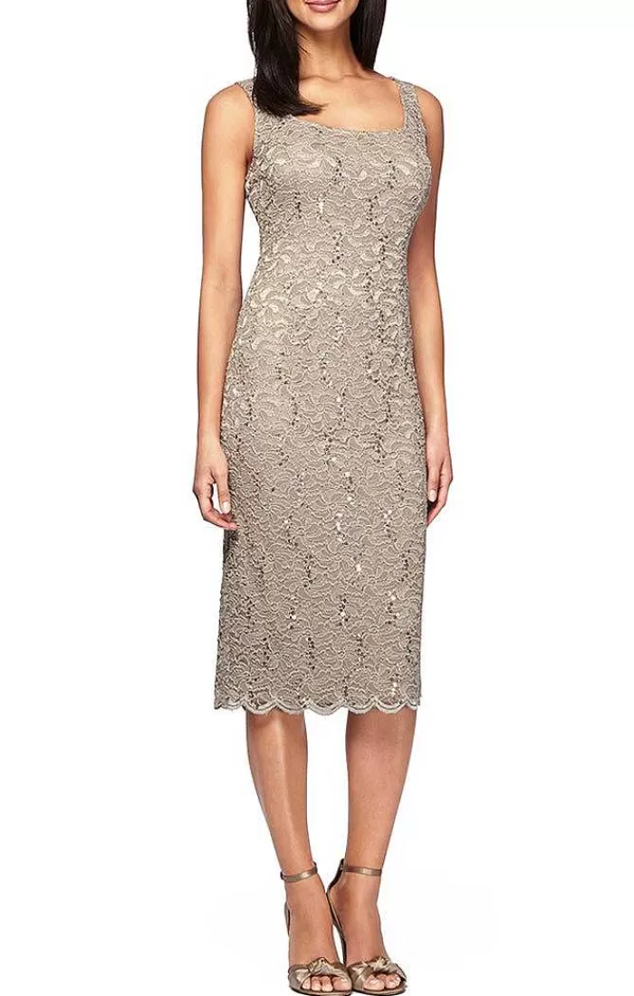 New Alex Evenings Petite Sheath Lace Jacket Dress Champagne