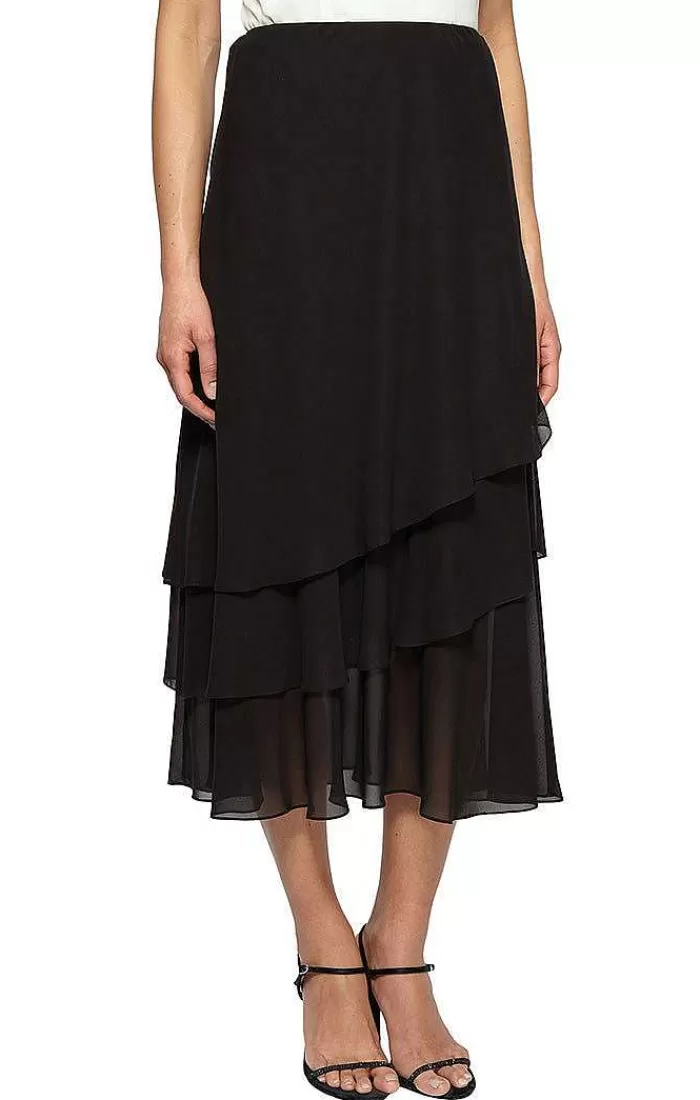 New Alex Evenings Petite Tea-Length Asymmetric Triple Tier Chiffon Skirt Black